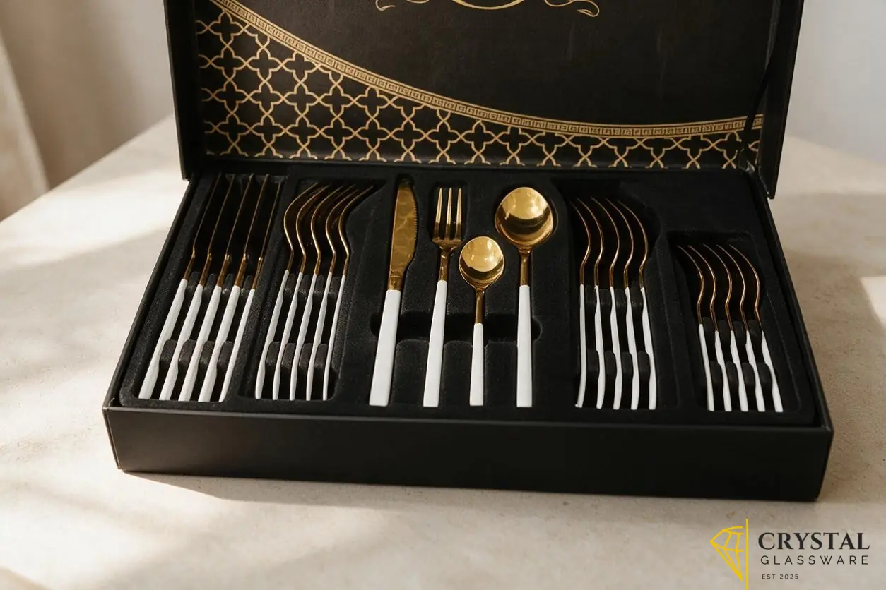 Cutlery Set 24Pcs Gold+White — Crystal Glassware Pakistan